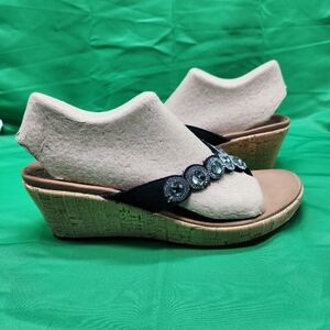 Skechers Luxe Foam Womens Size 10 Black Rhinestones Slip On Cork Wedge Sandals